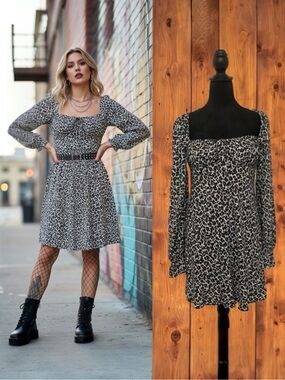 Zara Black & White Leopard Print Square Neck Mini Dress Size Medium NWT
